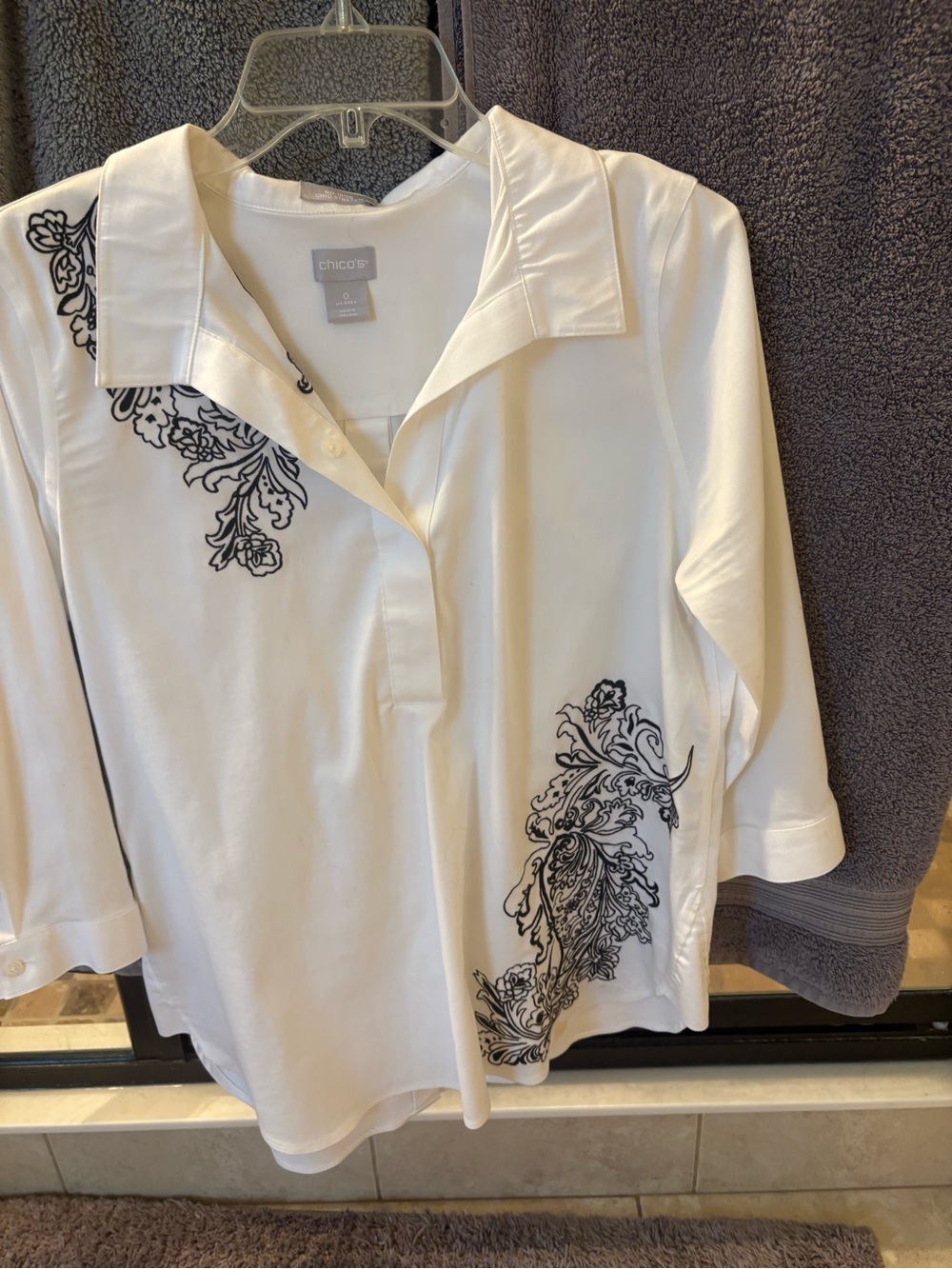 Chico's White Button-Front Shirt with Black Floral Scrolls